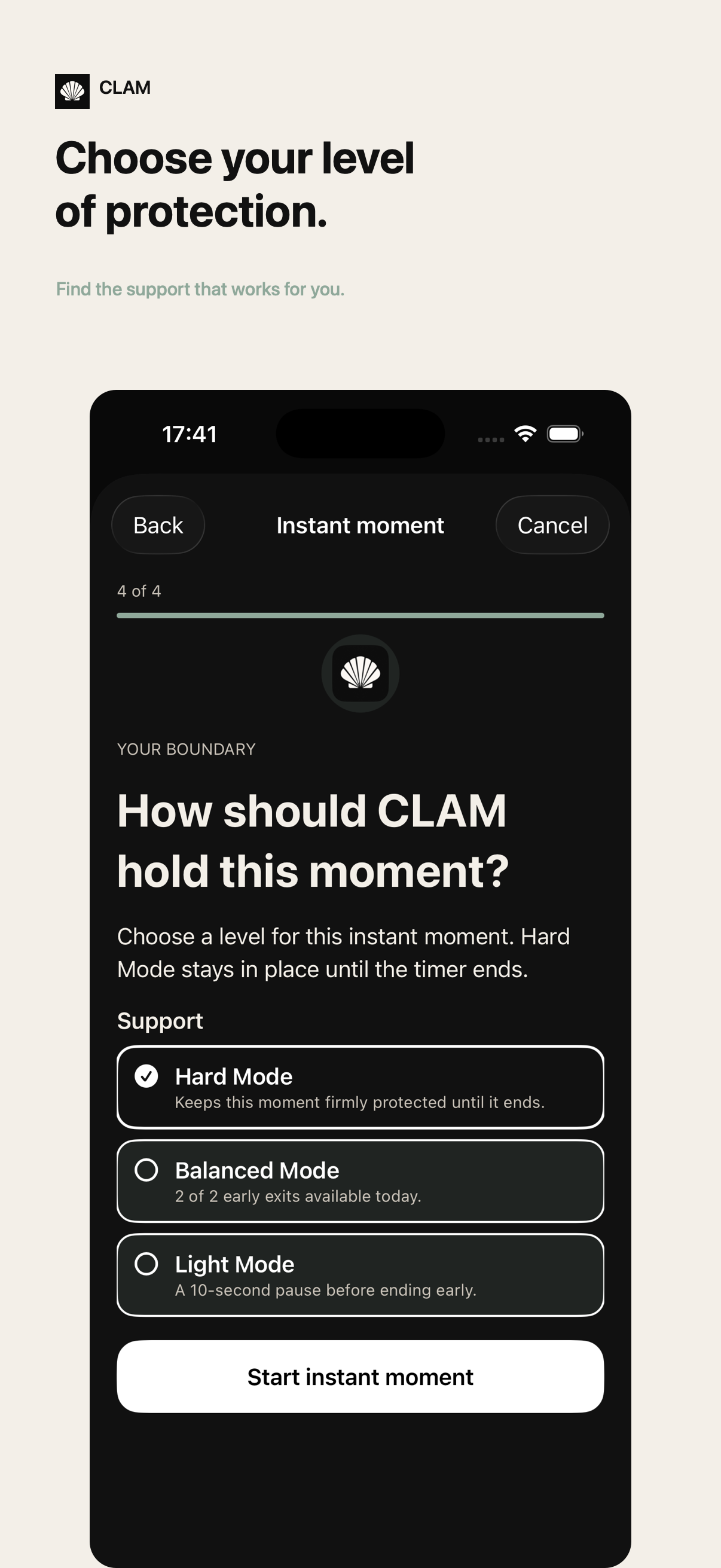 CLAM app screen showing Light, Balanced, and Hard protection options