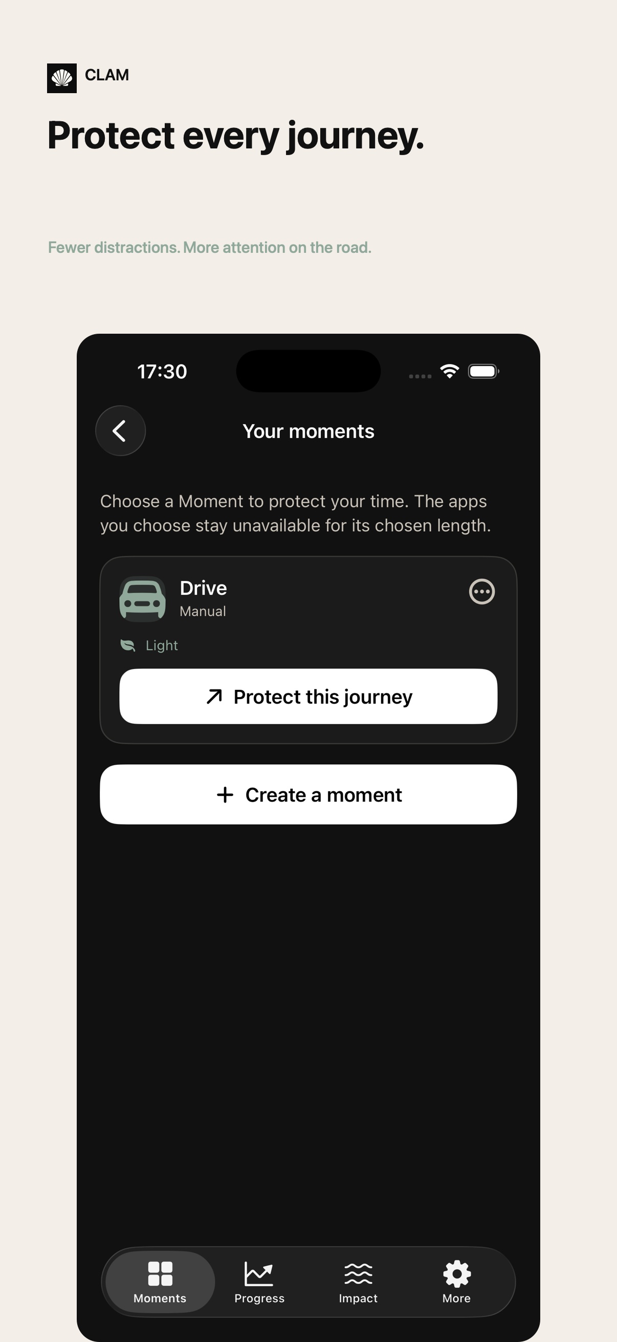CLAM app screen about protecting a journey