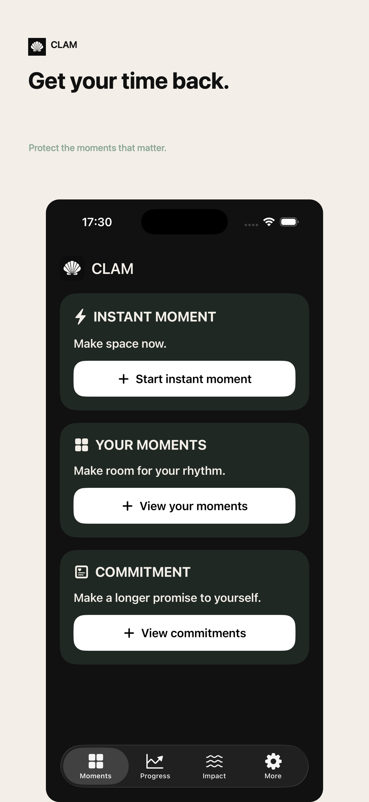 CLAM app screen showing a protected moment