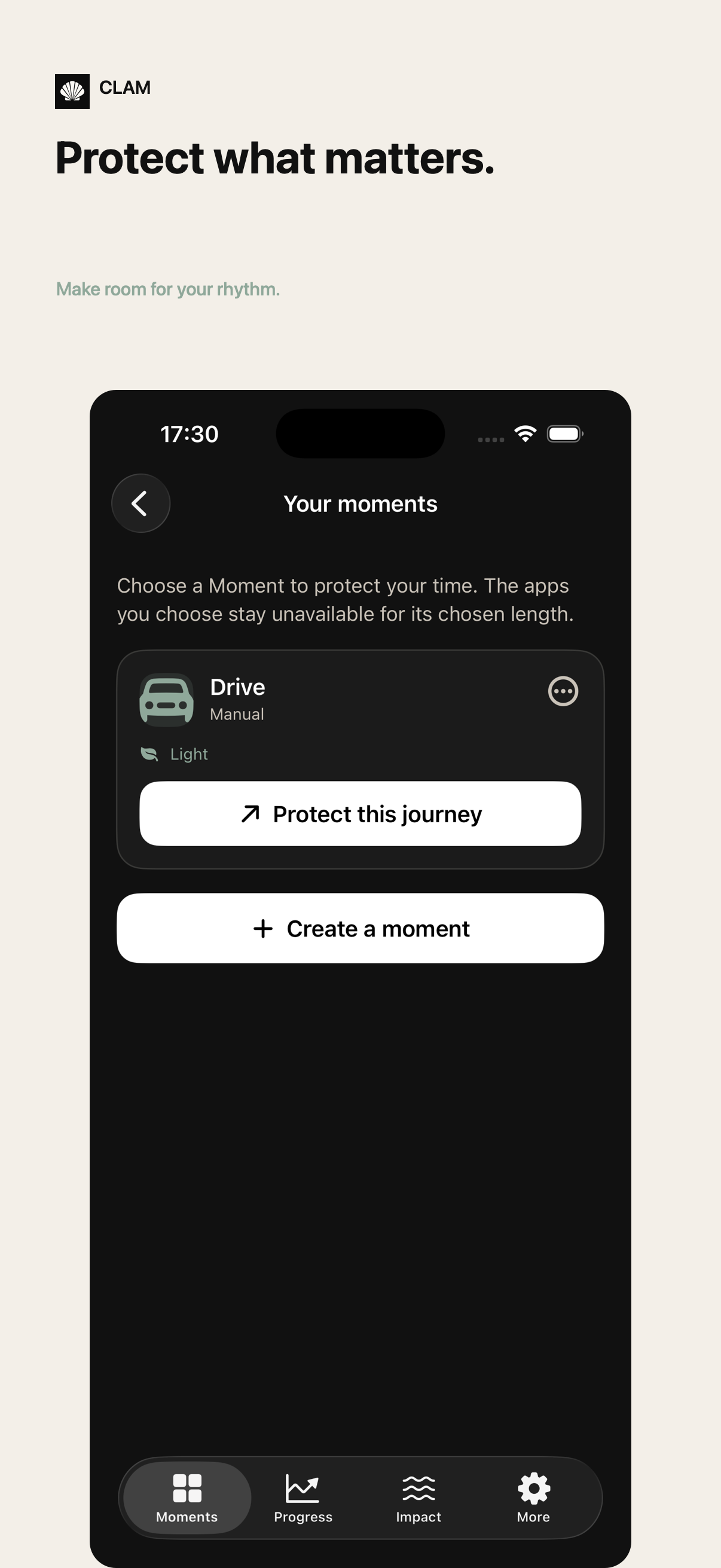 CLAM app screen for creating a protected moment